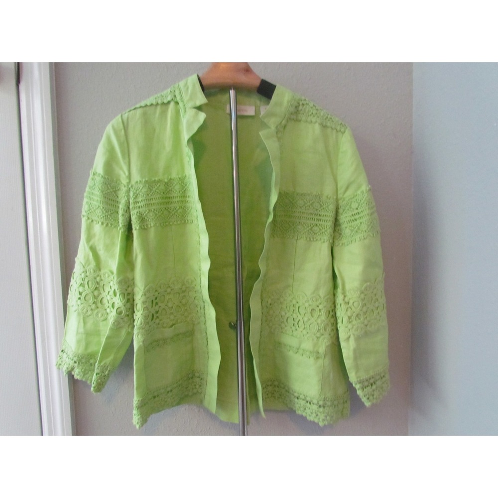 Chico's Open Front Jacket Size 0 S Lime Green Linen Crochet Lace Boho Lagenlook